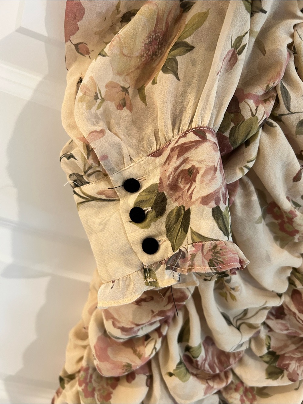 Zara Zimmerman Floral Ruched Dress Tan Pink Size L - Picture 4 of 14